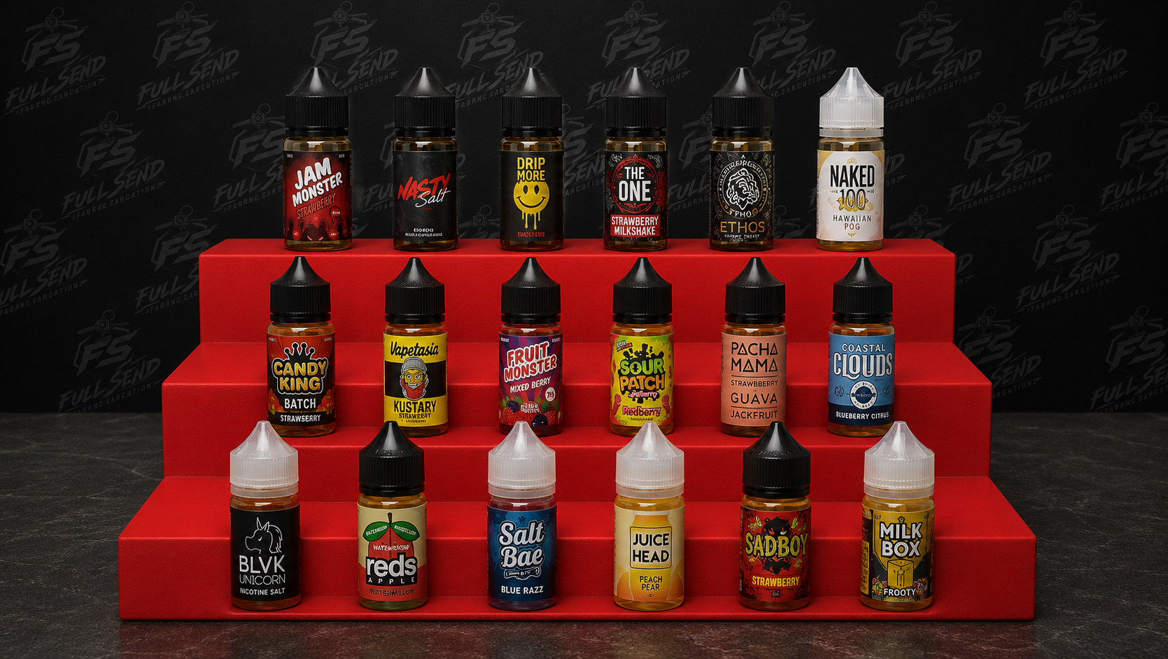 3-tier red stepped vape juice display stand holding 18 bottles, 3D printed by Full Send Fabrication